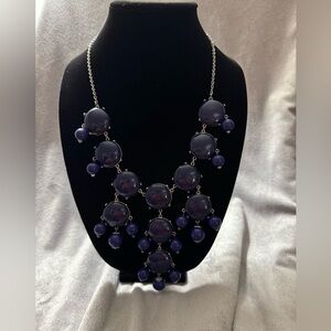 Silver Tone Round Link & Dangling Navy Cabochon Beaded Bib Statement Necklace